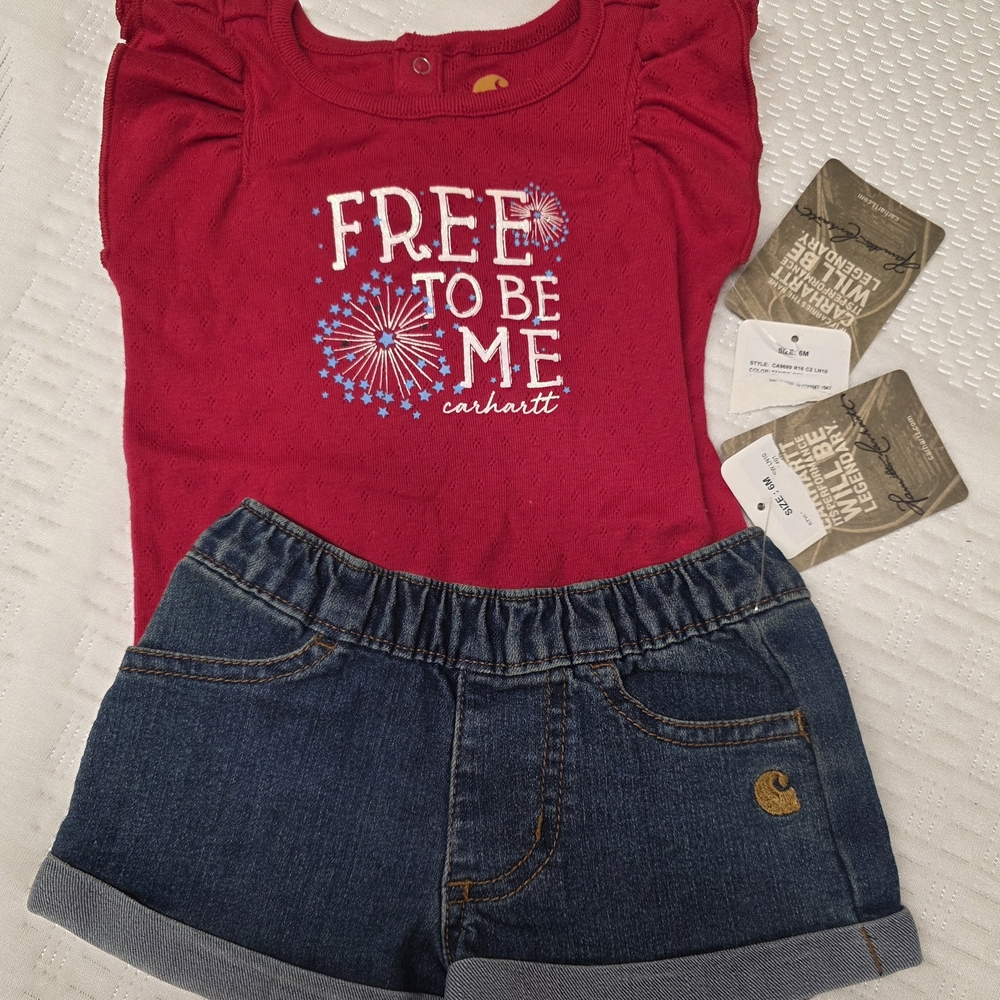 Carhartt Red Graphic 'Free To Be Me' Tee with Blue Denim Shorts